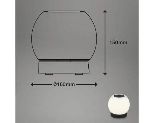Technische tekening van een bolvormige lamp met afmetingen van 150 millimeter hoog en 160 millimeter diameter