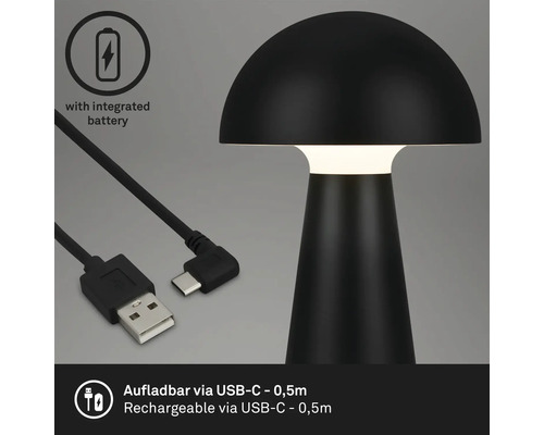 Zwarte tafellamp met geïntegreerde batterij en USB-C-oplaadkabel