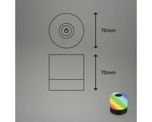 Productafbeelding met afmetingen: hoogte 70 mm, diameter 70 mm