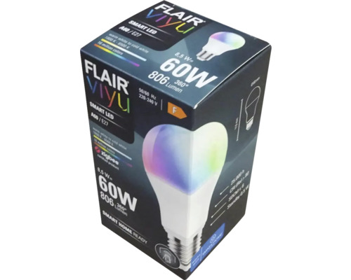 Verpakking van een Flair Viyu A60 E27 slimme ledlamp met 8,5 watt vermogen, 60 watt equivalent en 806 lumen helderheid