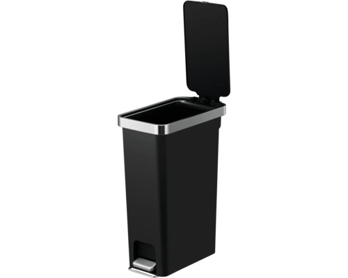 Zwarte afvalemmer met pedaal en open deksel
