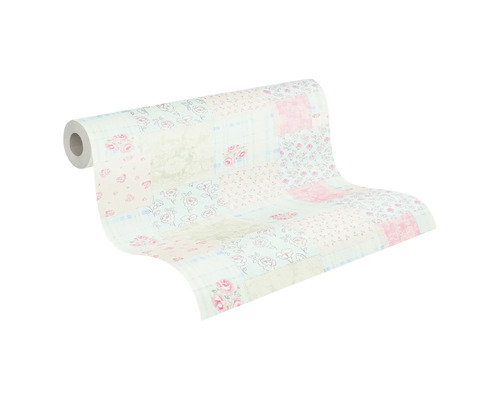 Rol behang met patchworkmotief en bloemen