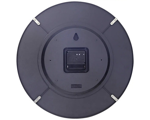 Achterkant van een ronde wandklok met batterijwerking