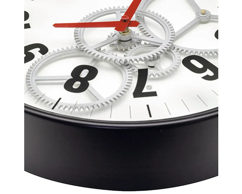 Wandklok met open uurwerk, zwarte rand en rode wijzer
