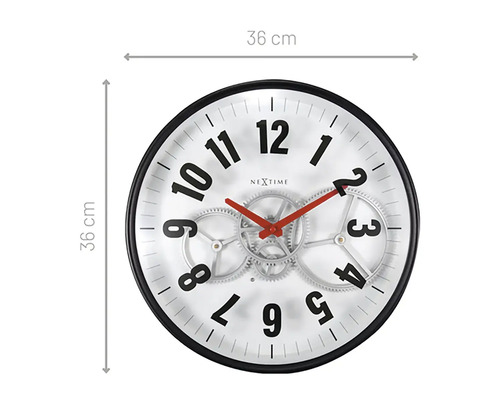 Wandklok met een diameter van 36 cm en zichtbaar uurwerk