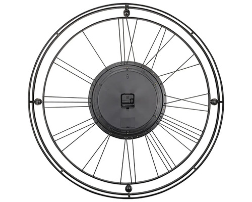 Achterkant van een ronde wandklok met Romeinse cijfers en metalen frame