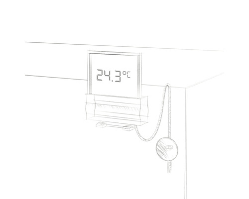 Digitale thermometer met kabel en temperatuurweergave op een kast.