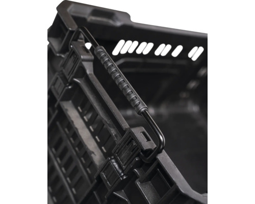 Detailopname van een zwarte inklapbare kunststof doos met handvat