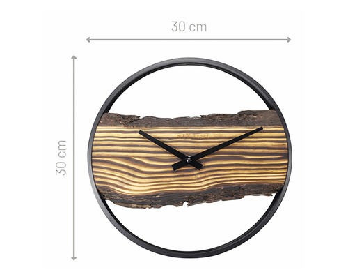 Wandklok met een diameter van 30 cm, met houten details en een zwarte lijst