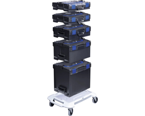 Stapel zwarte gereedschapskoffers met blauw accent op een rolplateau