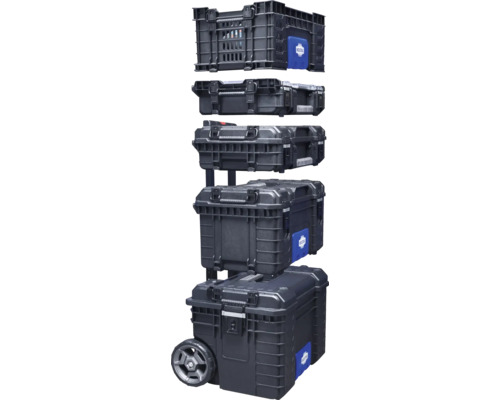 Meerdelig, zwart gereedschapskoffersysteem met transportwagen