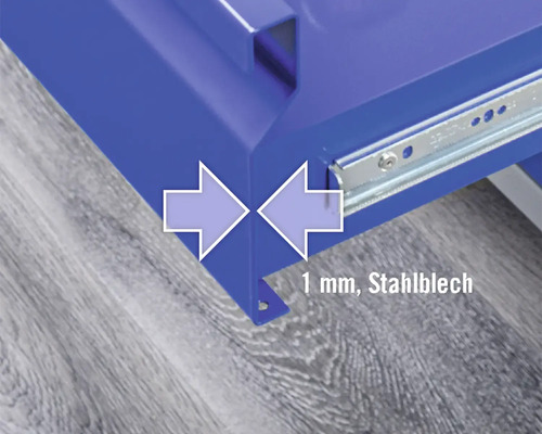 Detailopname van een werkbank met 1 mm staalplaat