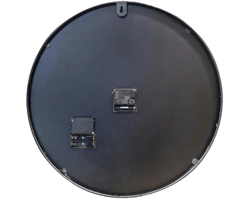Achterkant van een ronde wandklok met batterijcompartiment en ophangsysteem