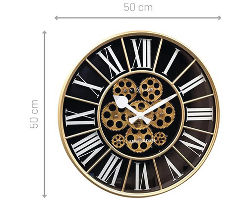 Wandklok met Romeinse cijfers en tandwielen, diameter 50 centimeter