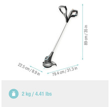 Gras trimmer met maataanduidingen voor de grootte en het gewicht