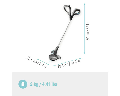 Gras trimmer met maataanduidingen voor de grootte en het gewicht