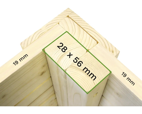 Detailopname van een houten hoek met afmetingen 28 x 56 millimeter en 19 millimeter