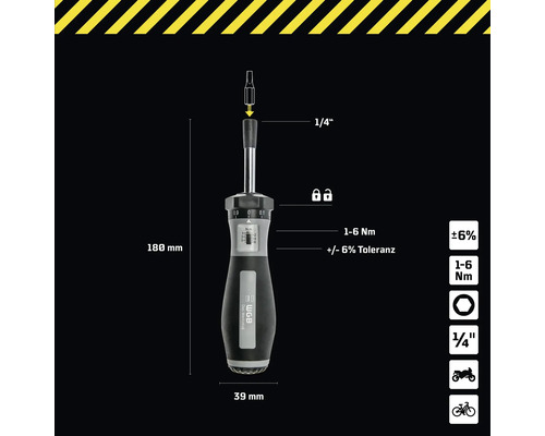 Momentschroevendraaier met de afmetingen 180 mm lengte en 39 mm handvatdiameter