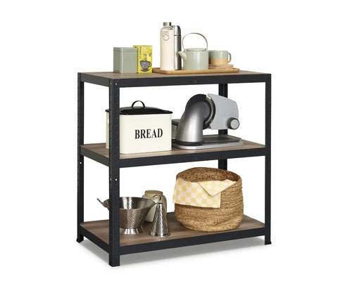 Rek met drie niveaus en keukengerei