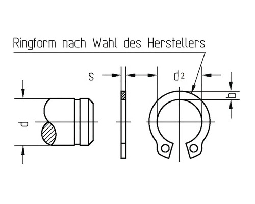Technische tekening van een borgring voor gebruik met een as