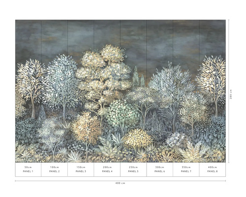 Behang met bosmotief, bestaande uit acht banen met de afmetingen 400 cm x 280 cm