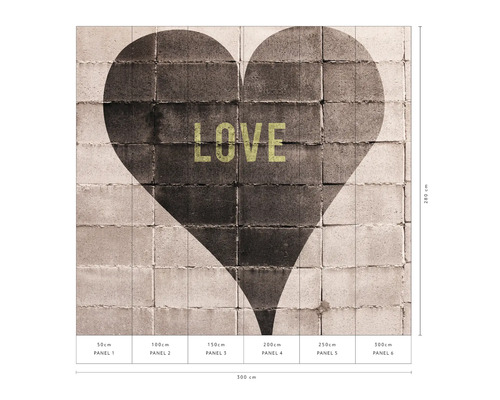 Fotobehang met hartmotief en het woord Liefde op een bakstenen muur, 300x280 cm