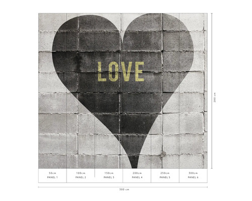 Fotobehang met een hartmotief en het woord liefde op een bakstenen muur
