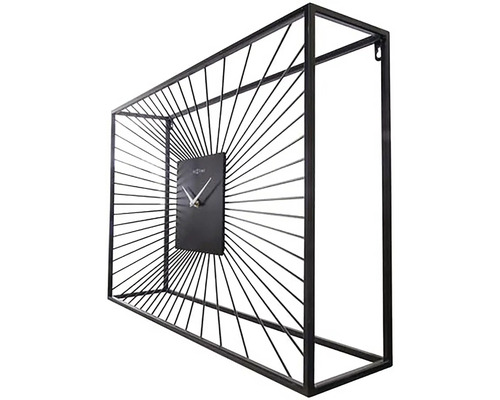 Decoratieve wandklok met rechthoekig metalen frame en wijzerplaat