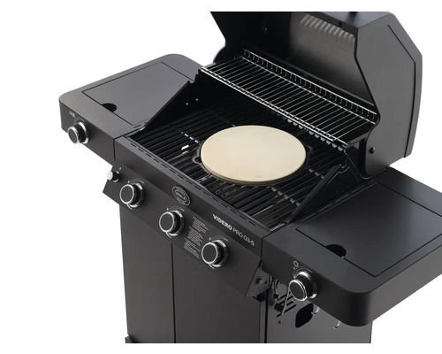 Zwarte gasbarbecue met warmhoudrek en pizzasteen