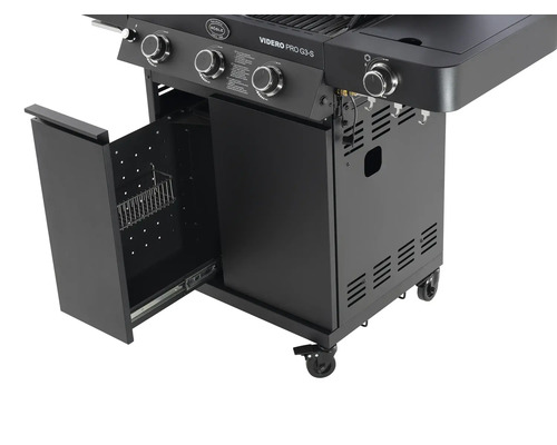 Gasbarbecue met open deur en opbergrek