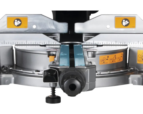 Details van een verstekzaag met schaal en veiligheidsinstructies