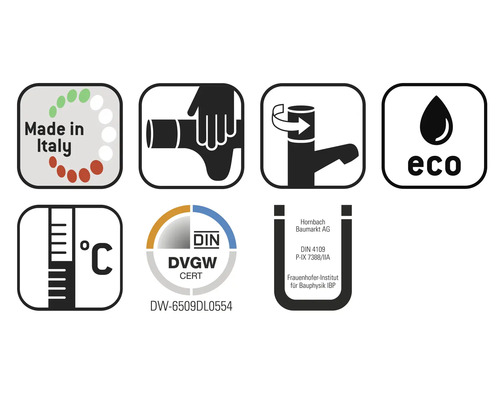 Made in Italy keurmerk, installatie-instructie, waterbesparingsfunctie, temperatuurschaal, DIN DVGW certificaat, Hornbach keurmerk, Eco keurmerk