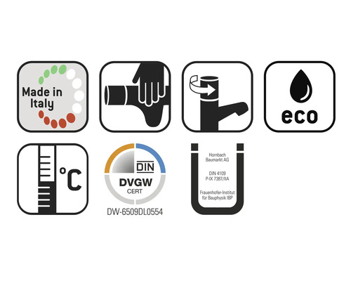 Product gemaakt in Italië, symbool voor pijpmontage, waterbesparend, temperatuurweergave, DIN DVGW certificaat, Hornbach Baumarkt AG zegel