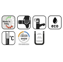 Symbolen en keurmerken: Made in Italy, montage-instructie, waterbesparingsfunctie, temperatuurbereik, Deutsches Institut für Normung, Deutscher Verein des Gas- und Wasserfaches gecertificeerd, Hornbach logo