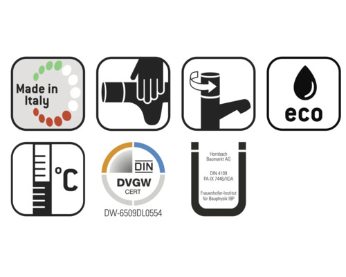 Productkenmerken en certificeringen: Made in Italy, montage-instructie, waterbesparende functie, eco label, temperatuurbestendigheid, DVGW-certificering, Hornbach Baumarkt AG keurmerk