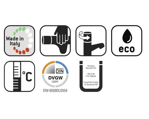 Productkenmerken: Made in Italy, kraanmontage, waterbesparende functie, temperatuurbestendigheid, Deutsches Vereinigung des Gas- und Wasserfaches certificaat, Hornbach Baumarkt AG keurmerk