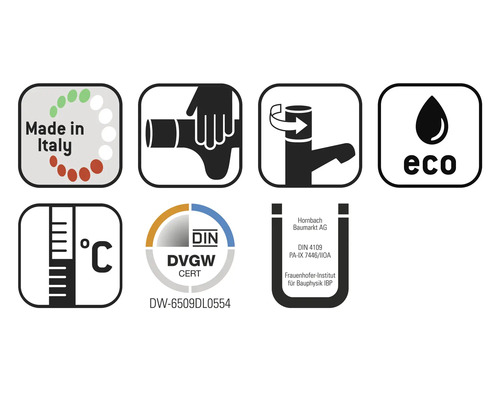 Made in Italy symbool, montage-instructies symbool, waterbesparingsfunctie symbool, Eco symbool, temperatuurbereik symbool, DIN DVGW CERT keurmerk, Hornbach Baumarkt AG logo
