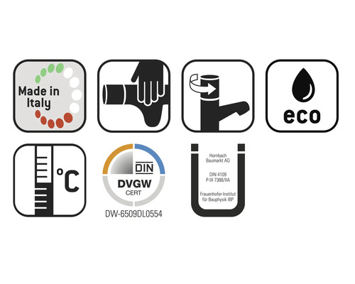 Productkenmerken: Made in Italy, geschikt voor drinkwatercontact, waterbesparende functie, temperatuurbereikindicatie, DIN DVGW-certificering, Hornbach logo, Fraunhofer Instituut getest