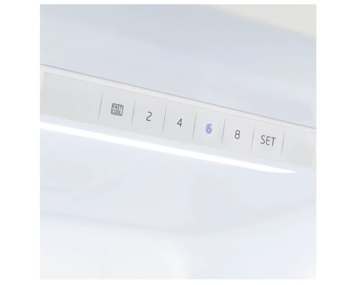 Close-up van de temperatuurregeling van een koelkast met de opties snel koelen, 2, 4, 6, 8 en instellen.