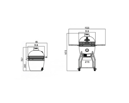 Technische tekening van een keramische barbecue met afmetingen