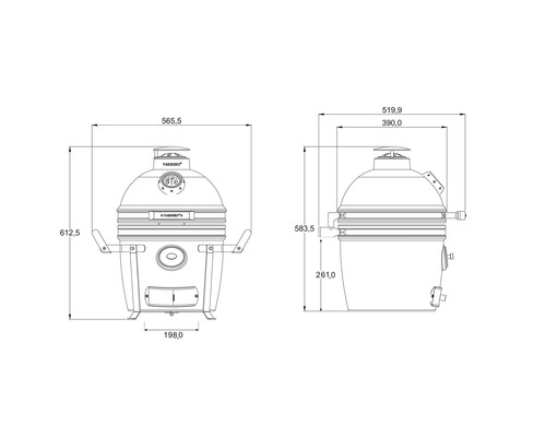 Technische tekening van een barbecue met maatvoering