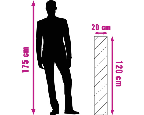 Maatvergelijking: Persoon van 175 centimeter naast paneel van 120 x 20 centimeter