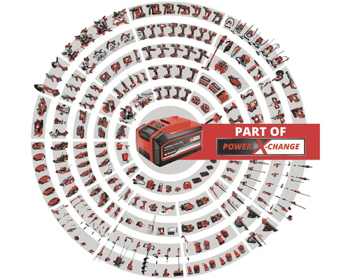 Einhell Power X-Change accu met verschillende gereedschappen in een cirkel gerangschikt