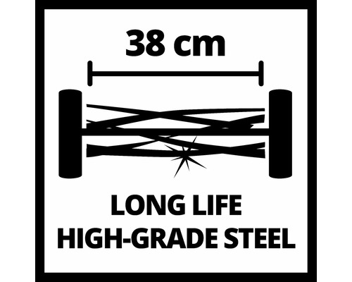 Symbool voor grasmaaier met een maaibreedte van 38 cm, gemaakt van hoogwaardig staal voor een lange levensduur.
