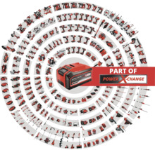 Einhell Power X-Change accu omgeven door een verscheidenheid aan gereedschappen