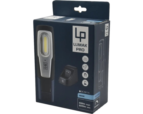 Lumak Pro werklamp in productverpakking met laadstation