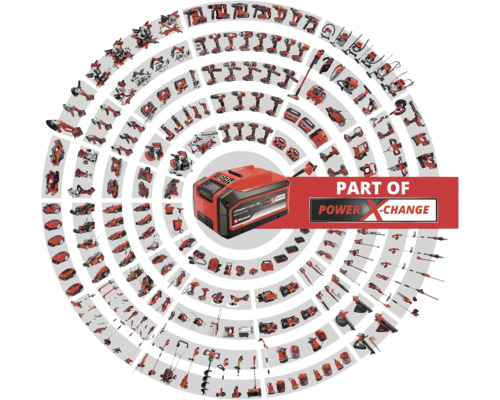 Een Einhell accu omgeven door diverse gereedschappen van het Power X-Change systeem.