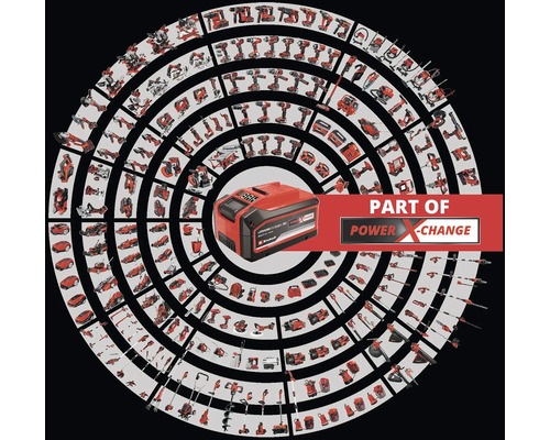 Een Einhell accu in een ring van Einhell gereedschap, onderdeel van het Power X-Change systeem