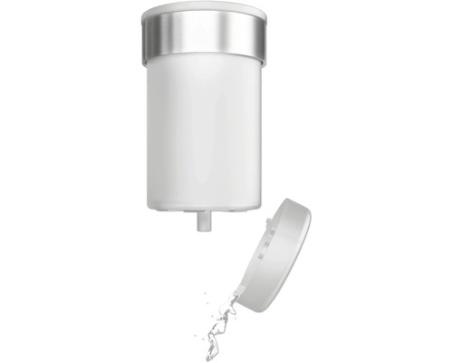 Zeepdispenser met open deksel en uitstromende vloeistof