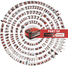 Einhell Power X-Change accu omgeven door gereedschap van hetzelfde accusysteem